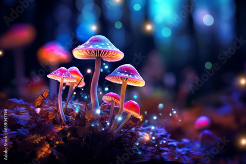 mushroom plants at night with bright neon colors