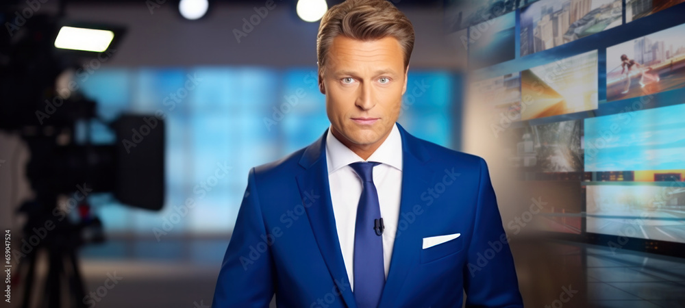 Newsroom Studio, TV Live News Program Professional Male Presenter Reporting, television Cable Channel talks, technology digital, war, business, economy, entertainment, background television screens - obrazy, fototapety, plakaty 