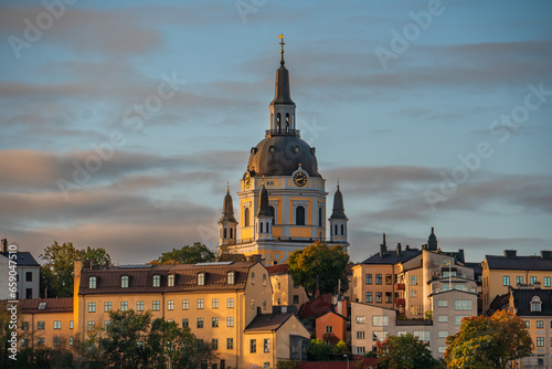 Photography Stockholm, Sweden, the Katarina church in the district of Södermalm with the early morning light in autumn