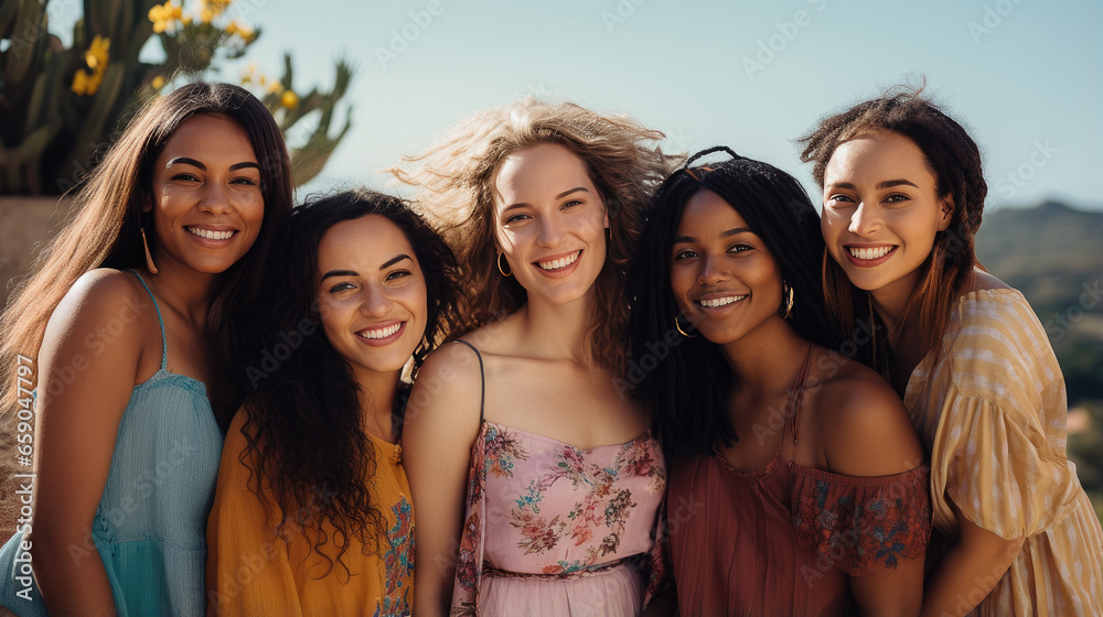 Multicultural Female Friends Smiling Happily, A vibrant image featuring a diverse group of young women, radiating joy and friendship as they share a moment of laughter and happiness outdoors Multicultural Female Friends Smiling Happily, A vibrant image featuring a diverse group of young women, radiating joy and friendship as they share a moment of laughter and happiness outdoors