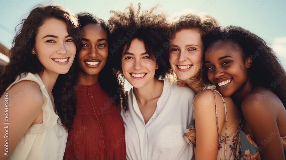 Obraz premium Multicultural Female Friends Smiling Happily, A vibrant image featuring a diverse group of young women, radiating joy and friendship as they share a moment of laughter and happiness outdoors