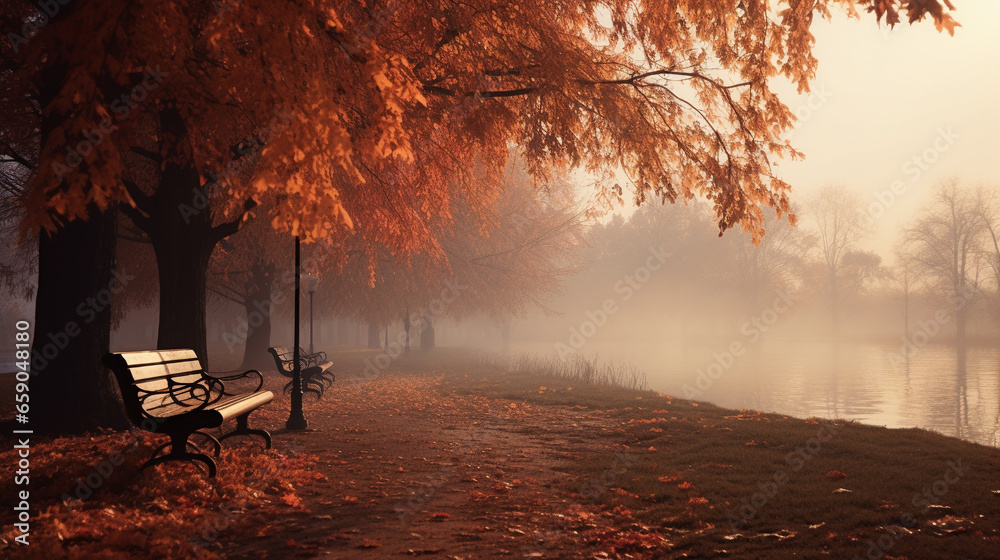 Foggy autumn background in the park.