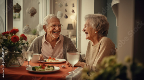 Elderly couple sharing a moment during lunch or dinner. Health lifestyle and happiness concept.