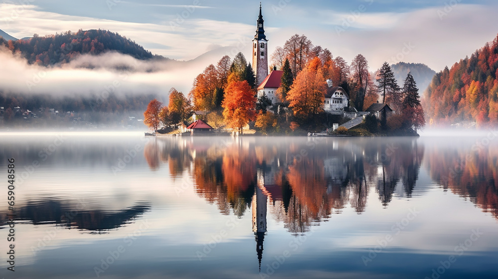 Foggy autumn morning reflection of bled island in the lake bled. Autumn background. - obrazy, fototapety, plakaty 