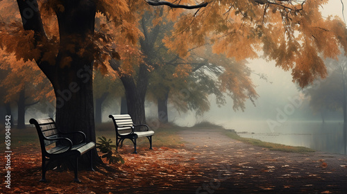 Foggy autumn background in the park.