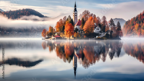 Foggy autumn morning reflection of bled island in the lake bled. Autumn background.