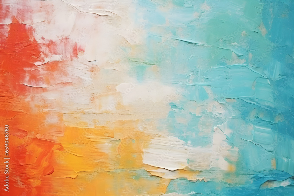 Close-Up View of a Textured, Colorful Abstract Painting The Artwork Evokes a Vibrant and Rough Aesthetic, Melding a Diverse Palette of Colors. Perfect for an Abstract Wallpaper Pattern, Leaving Ample