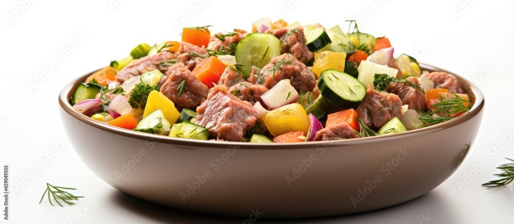 Premium homemade pet food for dogs and cats with meat and fresh vegetables in a white bowl Premium homemade pet food for dogs and cats with meat and fresh vegetables in a white bowl