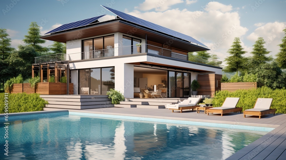 custom made wallpaper toronto digitalExterior of beautiful modern house with solar panels on roof. Luxury villa with terrace and swimming pool