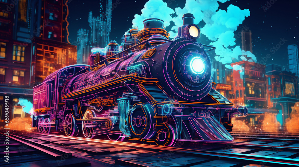 The steam locomotive in the night city - obrazy, fototapety, plakaty 