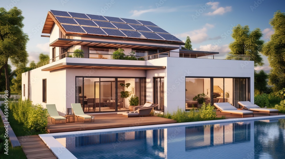 Exterior of beautiful modern house with solar panels on roof. Luxury villa with terrace and swimming pool Exterior of beautiful modern house with solar panels on roof. Luxury villa with terrace and swimming pool