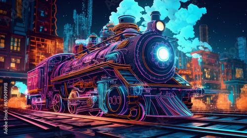 The steam locomotive in the night city photo
