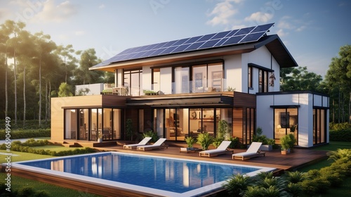 Exterior of beautiful modern house with solar panels on roof. Luxury villa with terrace and swimming pool © LELISAT