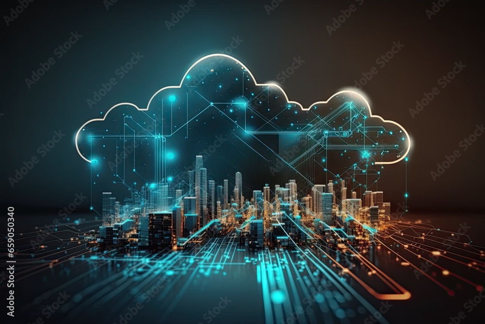 Cloud computing for digital storage and transfer big data on internet.futuristic.Generative AI - obrazy, fototapety, plakaty 