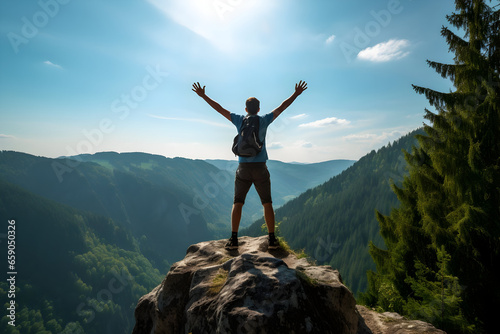 A Joyful Hiker with Arms Raised  Leaping atop a Mountain Peak Celebrating Success on the Cliff. A Lifestyle Concept Depicting a Young Male Adventurer Conquering the Forest Pathway