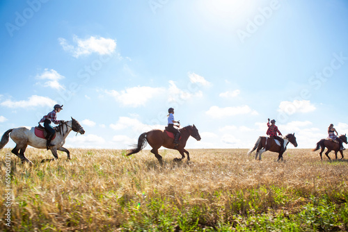 Horseback riding. Horseback riding. Young women equestrians gallop on horses through a field on a summer sunny day. © наталья саксонова