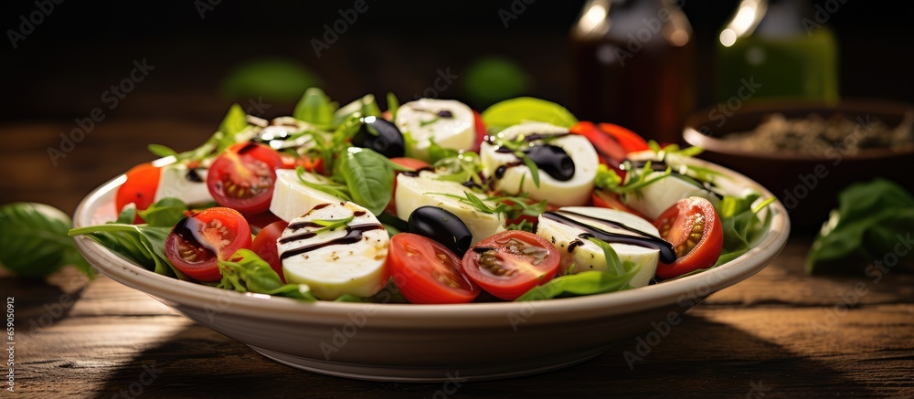Italian or Mediterranean salad with tomato mozzarella basil olives and olive oil on a wooden table