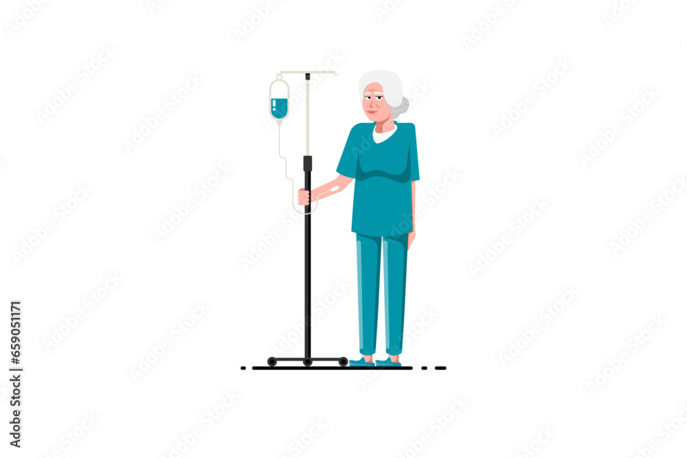 Senior woman patient with salt water solution saline stand on isolated background, Vector illustration.