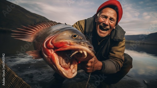 Fisherman Proudly Showcasing His Catch from a Vast Lake. Generative ai