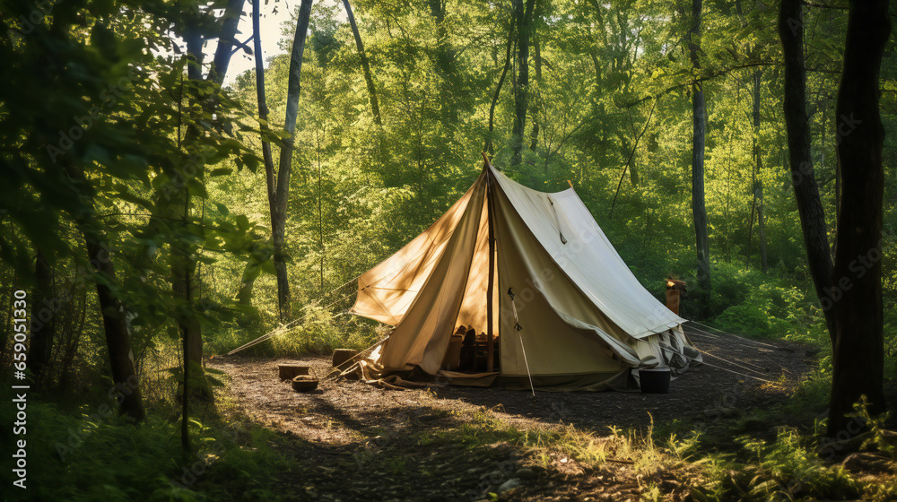 camping in a tent in the forest camping in a tent in the forest
