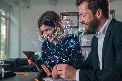 Businesspeople working together at office workplace. Concept of team work, business education, internet surfing, brainstorm, project information technology. Ai technology icons