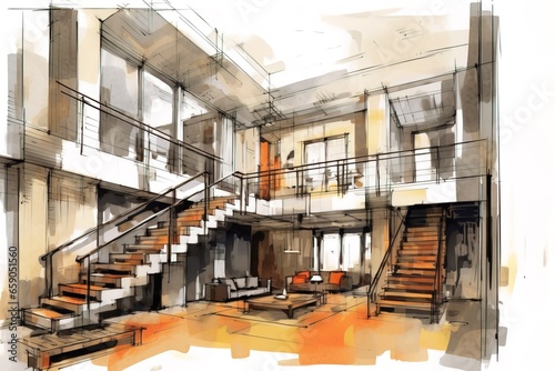 Wide angle sketch of interior building in black and white using generative AI 