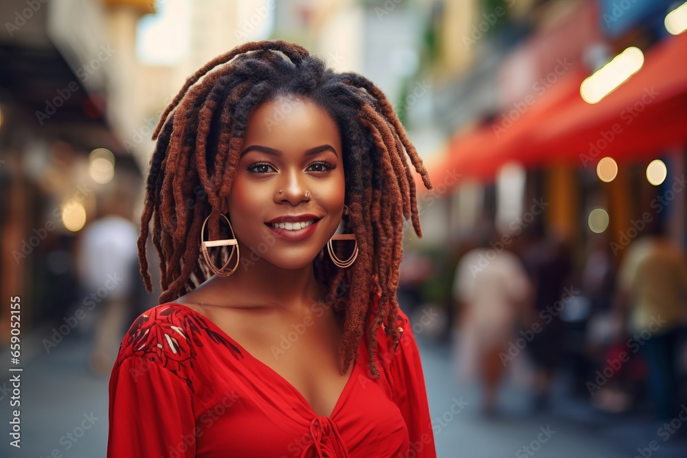 young black woman with dreadlocks wearing a bivrant red dress on the street