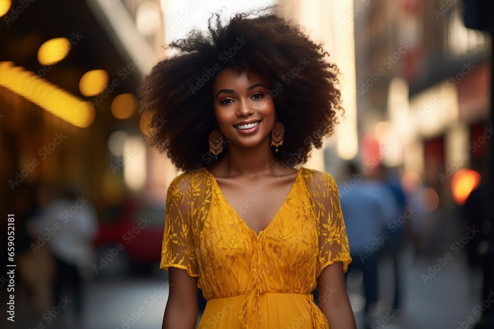 young black afro woman wearing a fashionable vibrant yellow dress in the streets and looking to camera with a smile