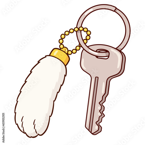 Lucky rabbit foot on keychain and keyring with house key. Cartoon drawing, isolated vector clip art illustration.