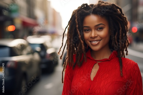 young black woman with dreadlocks wearing a bivrant red dress on the street photo