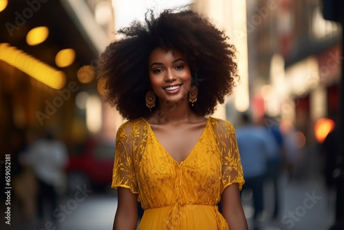 young black afro woman wearing a fashionable vibrant yellow dress in the streets and looking to camera with a smile © urdialex