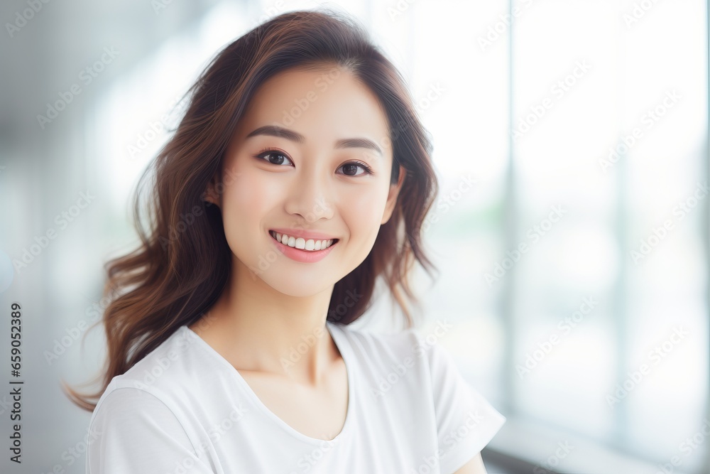 portrait close up shot of a young asiatic woman in clear background  smiling to camera