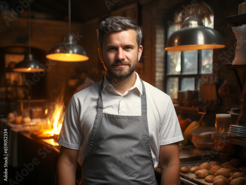 Portrait of a handsome male chef standing in a bakery and smiling. Generative AI