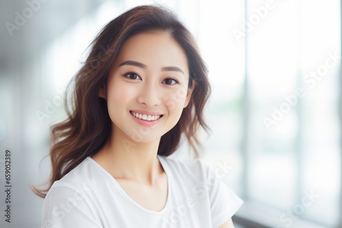 portrait close up shot of a young asiatic woman in clear background smiling to camera