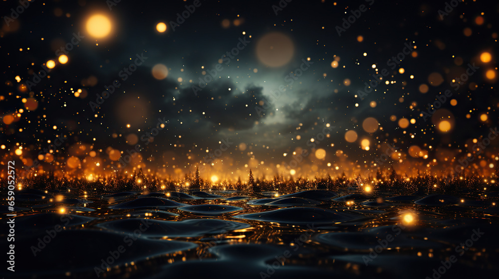 Cosmic Rain: A Surreal Dance of Golden Orbs in the Night Sky,background with stars