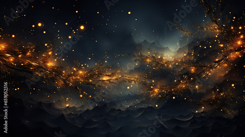 Cosmic Rain: A Surreal Dance of Golden Orbs in the Night Sky,background with stars