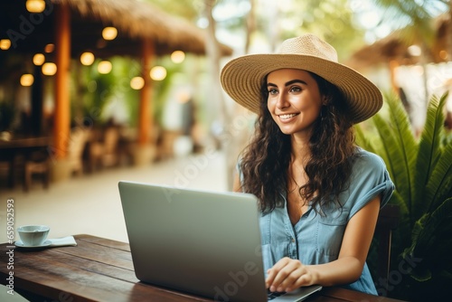 a young digital nomad woman with a hat working with her laptop in a bar