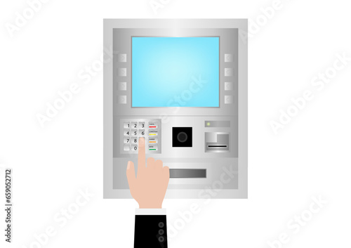Hand Typing PIN code or Password on ATM Keypad to Withdraw Money from ATM- Automated Teller Machine. Paying and Withdrawing Money Concept.