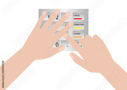 Hand Covering while Typing PIN code or Password on ATM Keypad to Withdraw Money from ATM- Automated Teller Machine. Safety and Security Banking Concept.