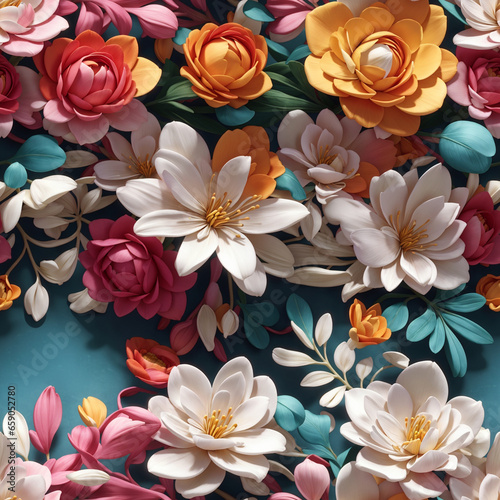 Colorful 3D High Detailed Flowers Seamless Pattern Colorful Digital Background Floral Design - ai generated