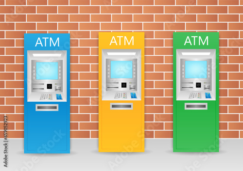 ATM- Automated Teller Machine. ATM Machine standing near the Wall. Vector Illustration. 
