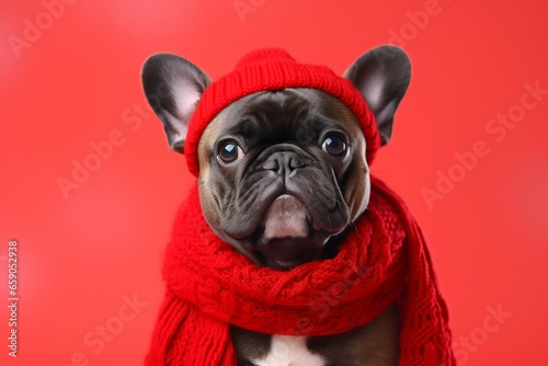 small dog with red christmas hat in red background