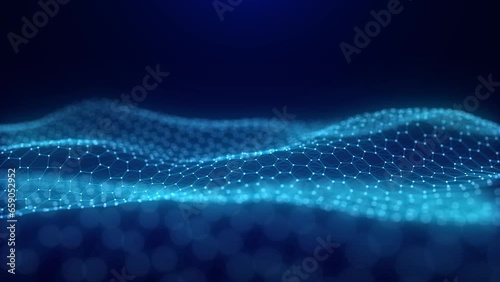 Digital technology hexagon wave. Dark cyberspace with blue motion dots and lines. Futuristic digital background. Big data analytics. 3d rendering.