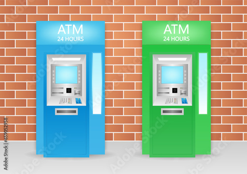 ATM- Automated Teller Machine. ATM Machine standing near the Wall. Vector Illustration. 