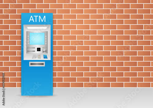ATM- Automated Teller Machine. ATM Machine standing near the Wall. Vector Illustration. 