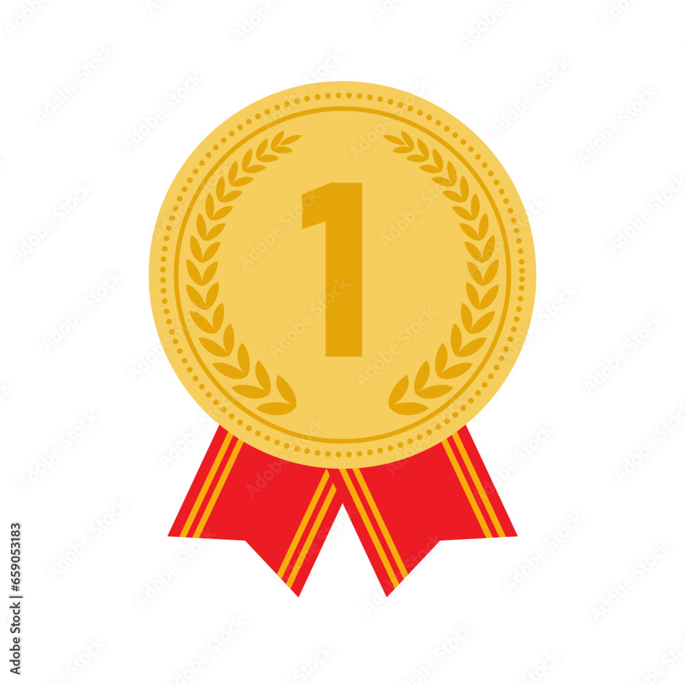 Gold Medal with Red Ribbon. Sport Winner Medal. Champion and Winning Concept. Vector Illustration. Gold Medal with Red Ribbon. Sport Winner Medal. Champion and Winning Concept. Vector Illustration.