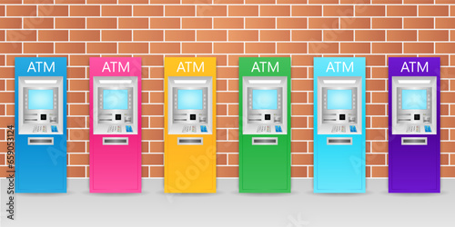 ATM- Automated Teller Machine. ATM Machine standing near the Wall. Vector Illustration. 
