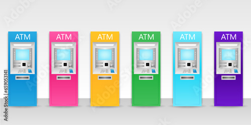 ATM- Automated Teller Machine. ATM Machine standing near the Wall. Vector Illustration. 