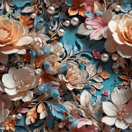 3D Flowers and Pearls Seamless Pattern Colorful Digital Background Floral Design - ai generated