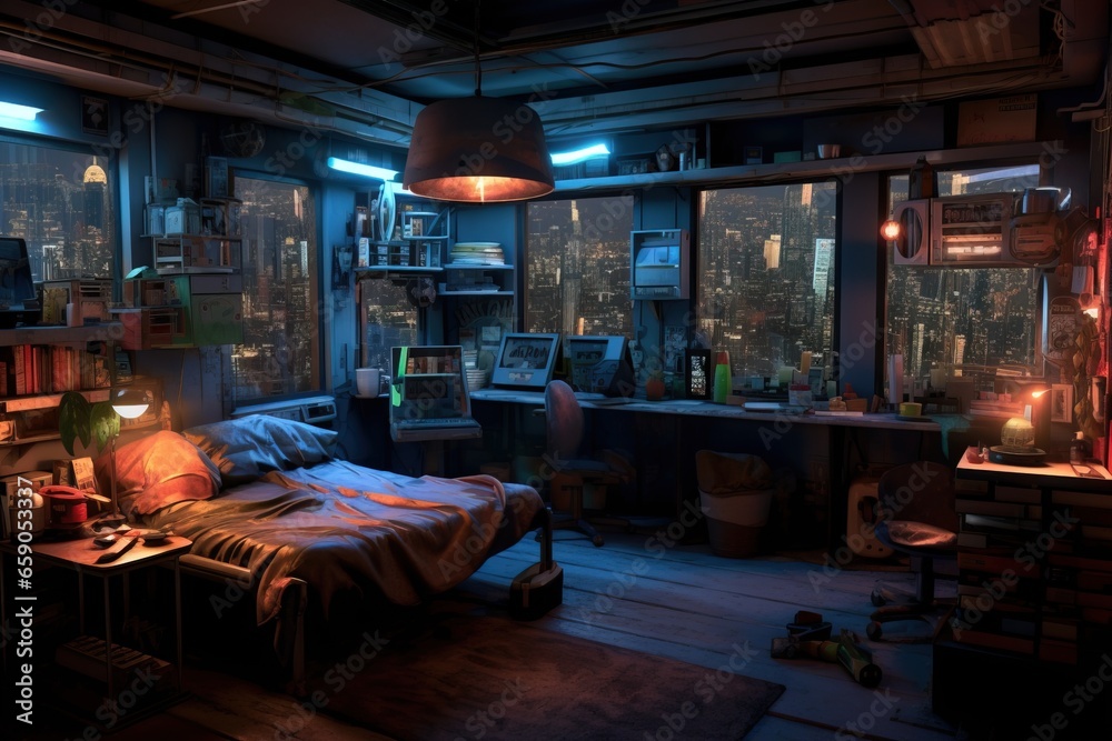 AI generated view of Cyberpunk theme interior room with dark and glowing neon AI generated view of Cyberpunk theme interior room with dark and glowing neon